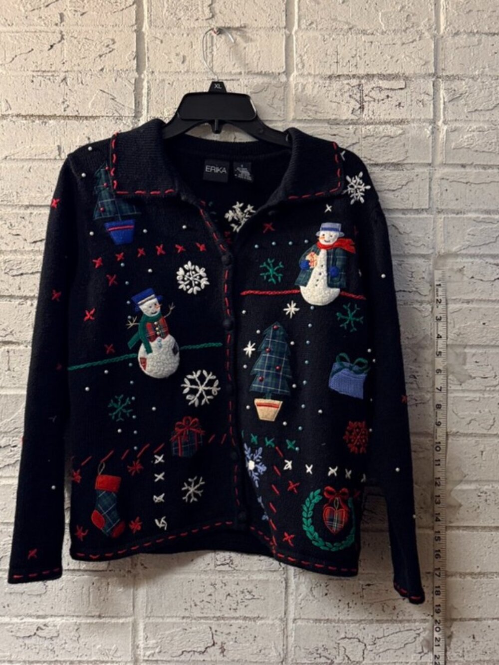 Erika Black Christmas Cardigan Sweater Snowman Embroidered Beaded Size S